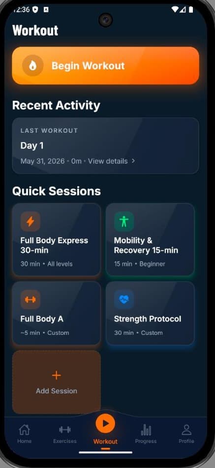 KOVA Fitness app workout screen in dark mode