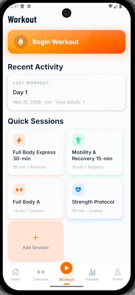KOVA Fitness app workout screen in light mode